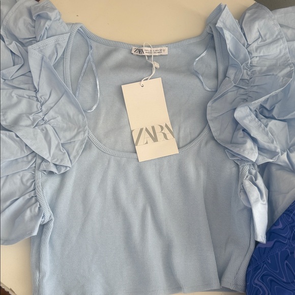 Zara | Tops | Zara Sky Blue Ruffled Crop Top | Poshmark